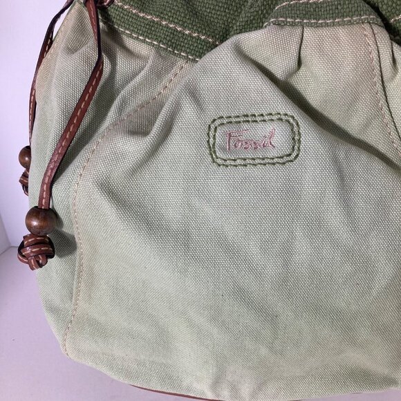 Womens Vintage Fossil Canvas Handbag Leather Handles Green 12 x 15" Fade - Picture 3 of 10